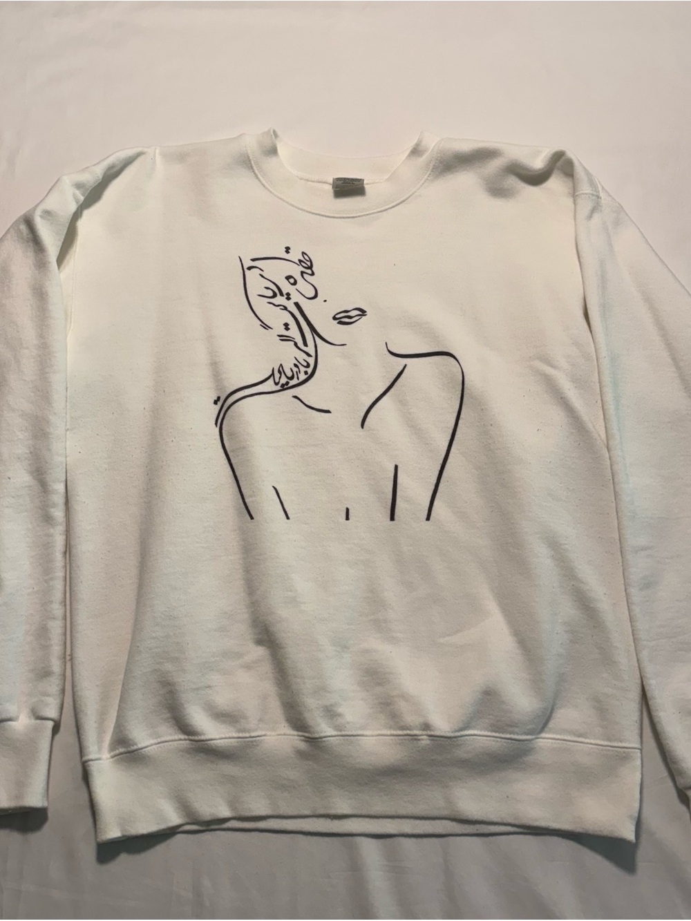 Hanes Ultimate Cotton Crewneck — White with Black Line-Art Graphic